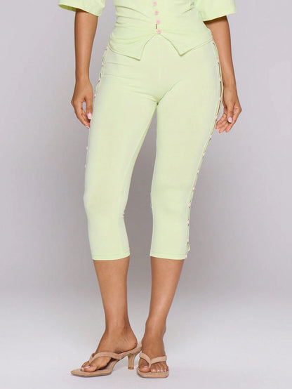 MUSERA Green Knitted Button Side Fitted Capri Pant