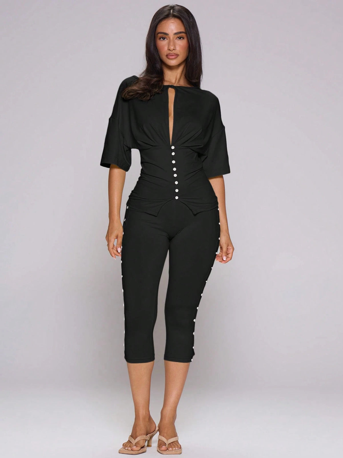 MUSERA Green Knitted Button Side Fitted Capri Pant