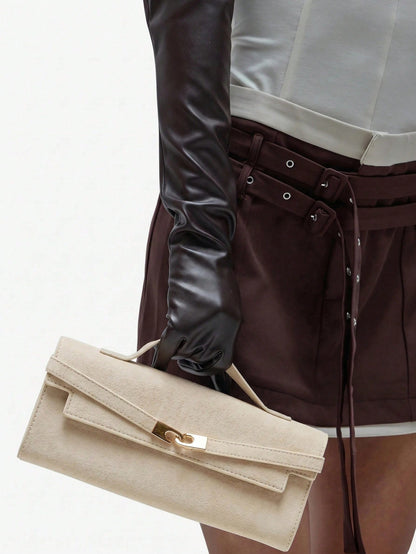 MUSERA Ladies Top Handle Bags, Suede, Apricot, Hardware Buckle Decoration, Fashionable, Luxury, Elegant, Simple, Personalized, Versatile, Retro, Vintage, For Date, Daily, Shopping, Afternoon Tea, Coc