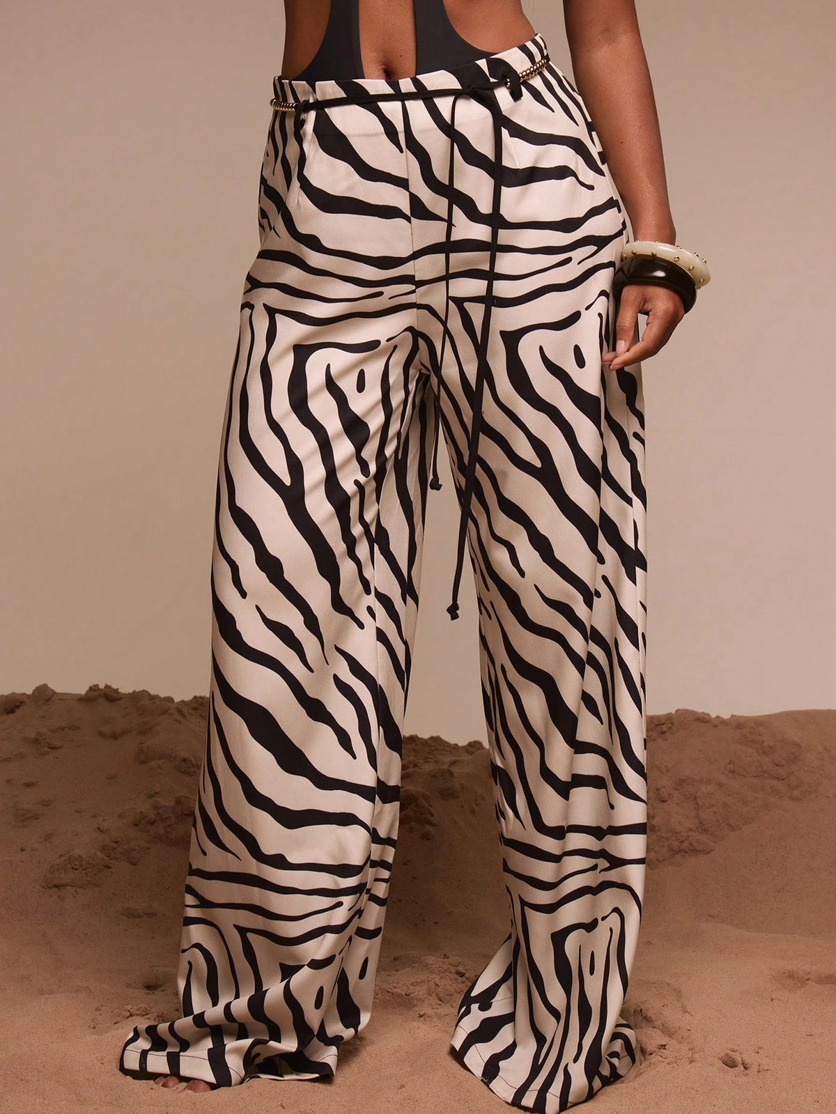 Musera Resort Beaded Belt Detail Printed Baggy Beach Trousers Cover Up Swim Vacation Holiday Summer Travel Beachwear Bathing Suit Terra Sol Luxury Elegant
