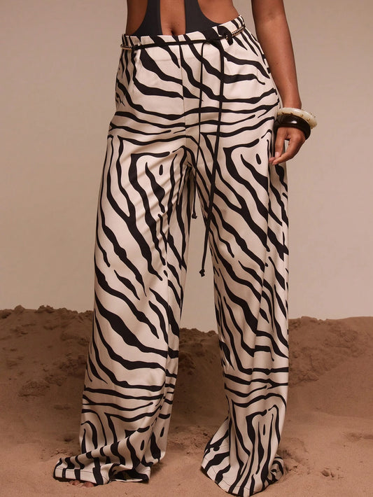 Musera Resort Beaded Belt Detail Printed Baggy Beach Trousers Cover Up Swim Vacation Holiday Summer Travel Beachwear Bathing Suit Terra Sol Luxury Elegant