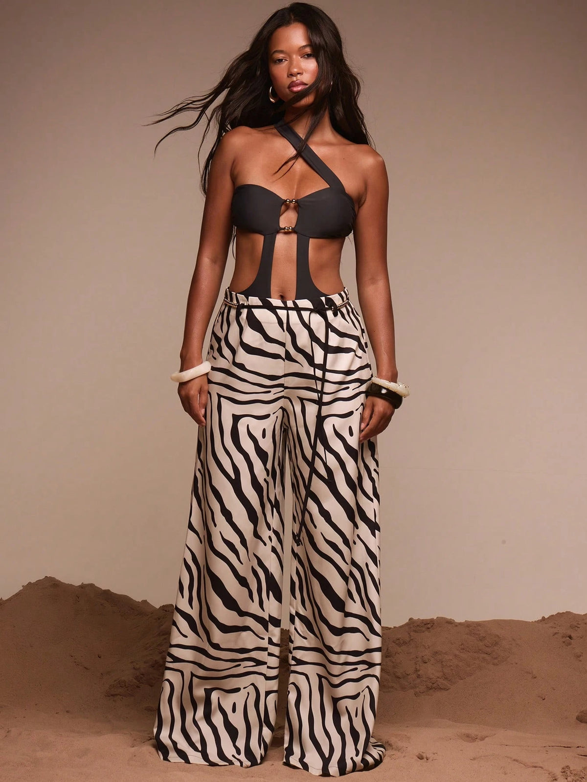 Musera Resort Beaded Belt Detail Printed Baggy Beach Trousers Cover Up Swim Vacation Holiday Summer Travel Beachwear Bathing Suit Terra Sol Luxury Elegant