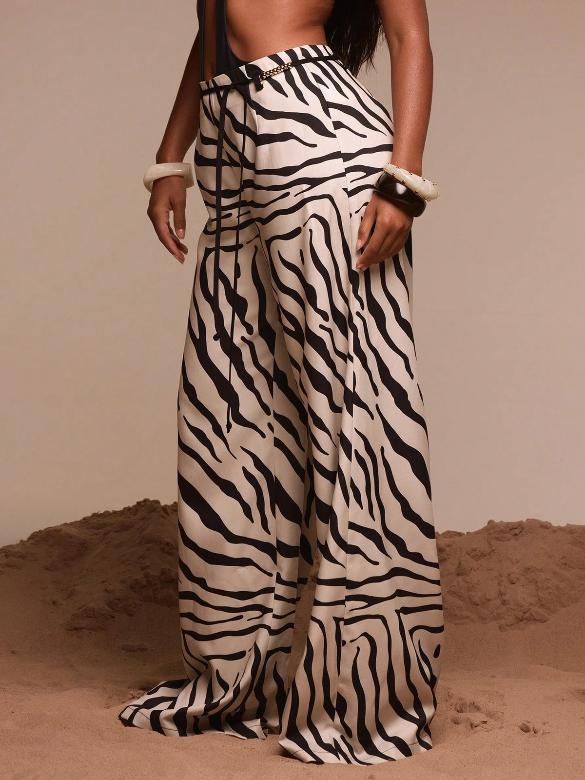 Musera Resort Beaded Belt Detail Printed Baggy Beach Trousers Cover Up Swim Vacation Holiday Summer Travel Beachwear Bathing Suit Terra Sol Luxury Elegant