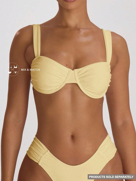 Musera Resort Underwire Thick Shoulder Ruched Cup Bikini Top Swim Vacation Holiday Summer Travel Beachwear Basics Solid Colour Swimwear Resort Core