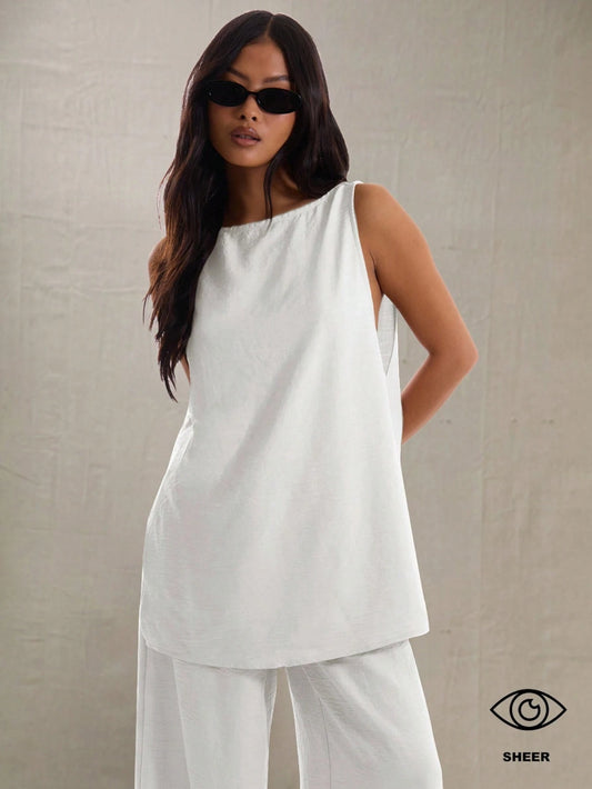 MUSERA Sleeveless Long Line Linen Feel Top Vacation Oversized Tee Holiday Beach Going Out Tops Wedding Guest Party Elegant Spring Summer Casual Mothers Day