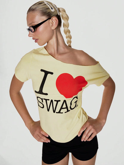 MUSERA Slouchy Off The Shoulder Raw Hem 'I Heart Swag' Slogan Oversized Graphic Tee Summer Holiday Festival Cute Going Out Feminine Girly Y2k Bad Timing