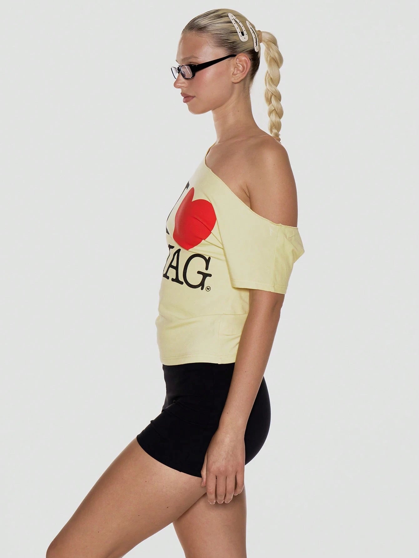 MUSERA Slouchy Off The Shoulder Raw Hem 'I Heart Swag' Slogan Oversized Graphic Tee Summer Holiday Festival Cute Going Out Feminine Girly Y2k Bad Timing