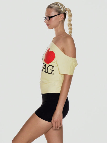 MUSERA Slouchy Off The Shoulder Raw Hem 'I Heart Swag' Slogan Oversized Graphic Tee Summer Holiday Festival Cute Going Out Feminine Girly Y2k Bad Timing