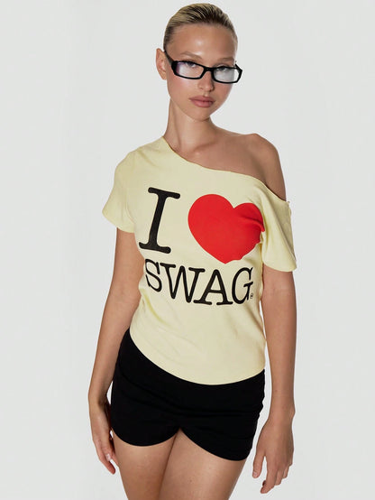 MUSERA Slouchy Off The Shoulder Raw Hem 'I Heart Swag' Slogan Oversized Graphic Tee Summer Holiday Festival Cute Going Out Feminine Girly Y2k Bad Timing