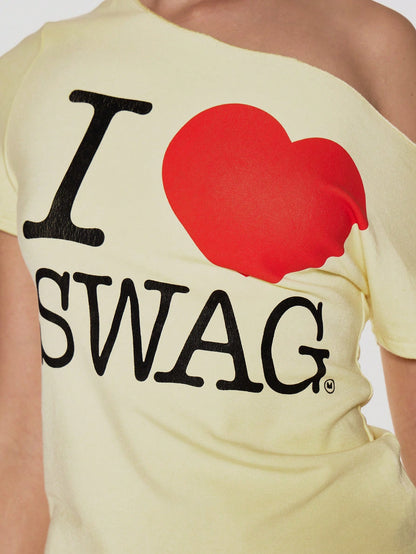 MUSERA Slouchy Off The Shoulder Raw Hem 'I Heart Swag' Slogan Oversized Graphic Tee Summer Holiday Festival Cute Going Out Feminine Girly Y2k Bad Timing