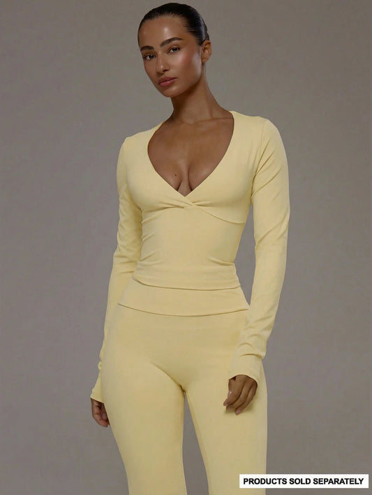 Musera Sport Wrap Front V-Neckline Doule Layered Long Sleeve Active Top Only Sport Workout Gym Pilates Fitness Daily Casual