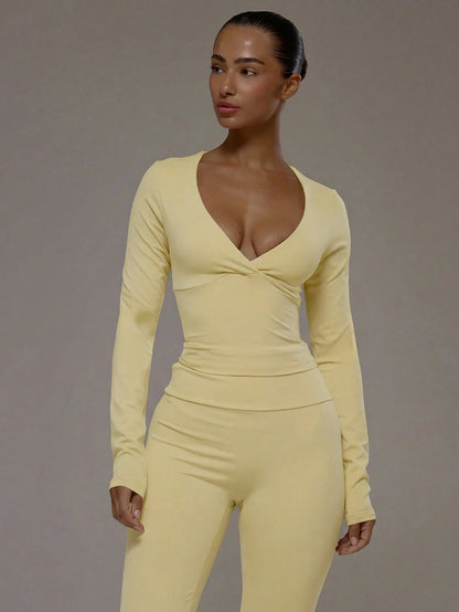 Musera Sport Wrap Front V-Neckline Doule Layered Long Sleeve Active Top Only Sport Workout Gym Pilates Fitness Daily Casual