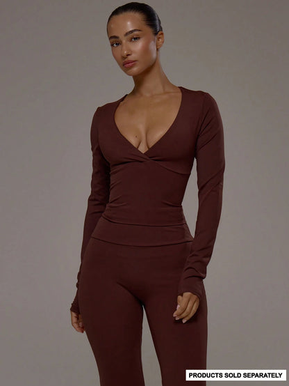 Musera Sport Wrap Front V-Neckline Doule Layered Long Sleeve Active Top Only Sport Workout Gym Pilates Fitness Daily Casual