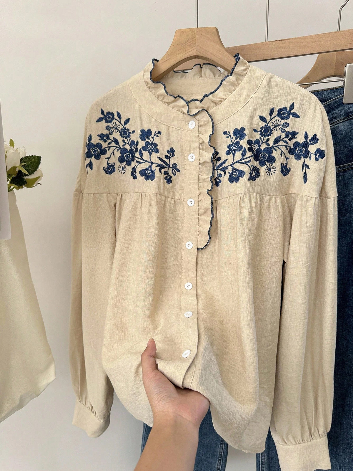 Muvela Women's Floral Embroidered Ruffle Button Long Sleeve Shirt,Beige,Autumn,Cottage Core,Tea Party French Embroidery Vintage Casual Western Tops Clothes