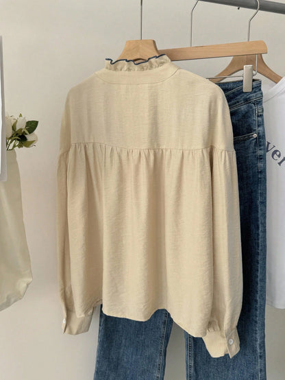 Muvela Women's Floral Embroidered Ruffle Button Long Sleeve Shirt,Beige,Autumn,Cottage Core,Tea Party French Embroidery Vintage Casual Western Tops Clothes