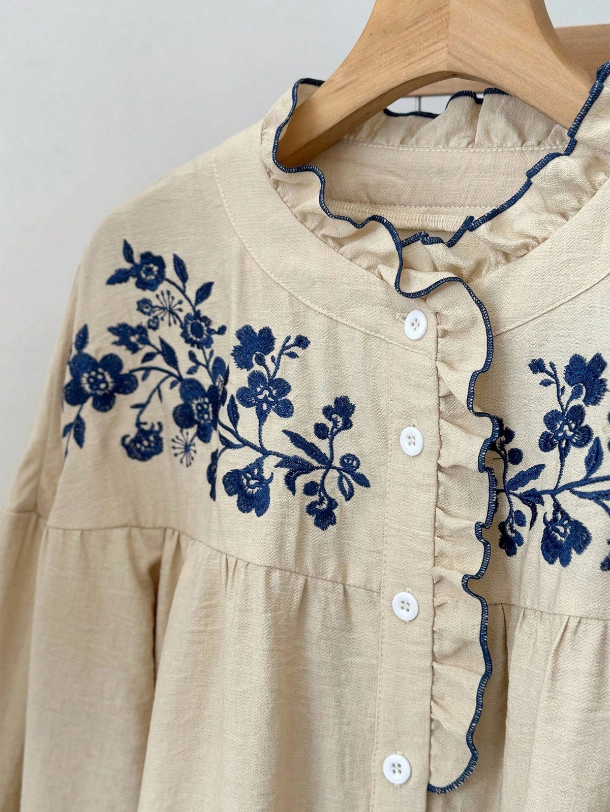 Muvela Women's Floral Embroidered Ruffle Button Long Sleeve Shirt,Beige,Autumn,Cottage Core,Tea Party French Embroidery Vintage Casual Western Tops Clothes