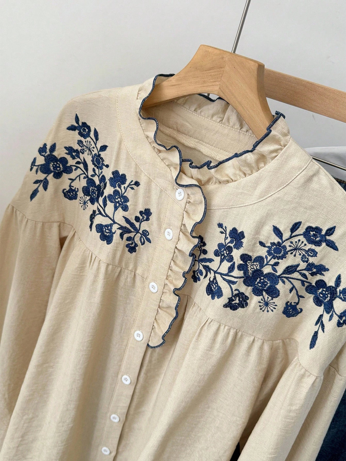 Muvela Women's Floral Embroidered Ruffle Button Long Sleeve Shirt,Beige,Autumn,Cottage Core,Tea Party French Embroidery Vintage Casual Western Tops Clothes
