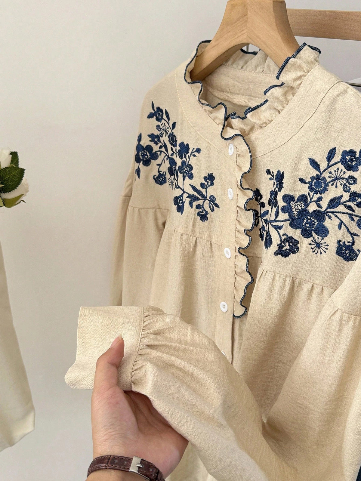 Muvela Women's Floral Embroidered Ruffle Button Long Sleeve Shirt,Beige,Autumn,Cottage Core,Tea Party French Embroidery Vintage Casual Western Tops Clothes