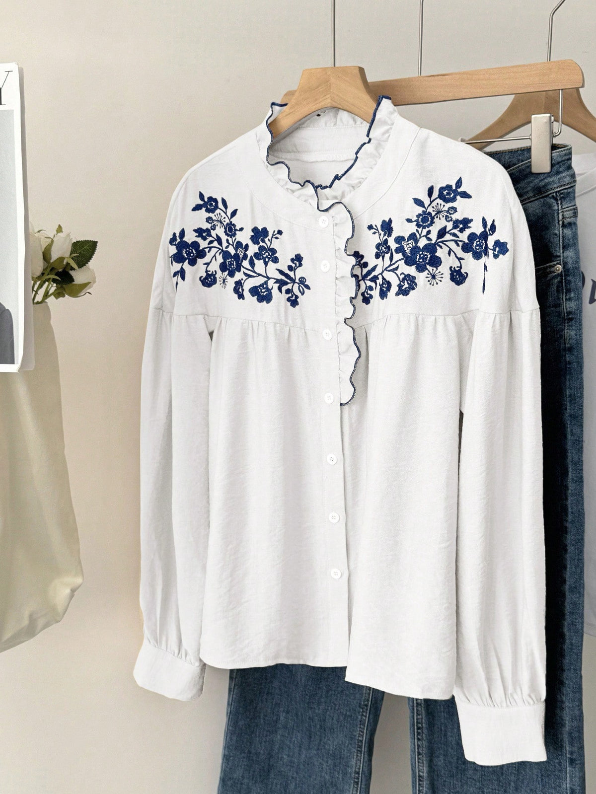 Muvela Women's Floral Embroidered Ruffle Button Long Sleeve Shirt,Beige,Autumn,Cottage Core,Tea Party French Embroidery Vintage Casual Western Tops Clothes