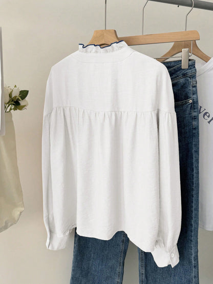 Muvela Women's Floral Embroidered Ruffle Button Long Sleeve Shirt,Beige,Autumn,Cottage Core,Tea Party French Embroidery Vintage Casual Western Tops Clothes