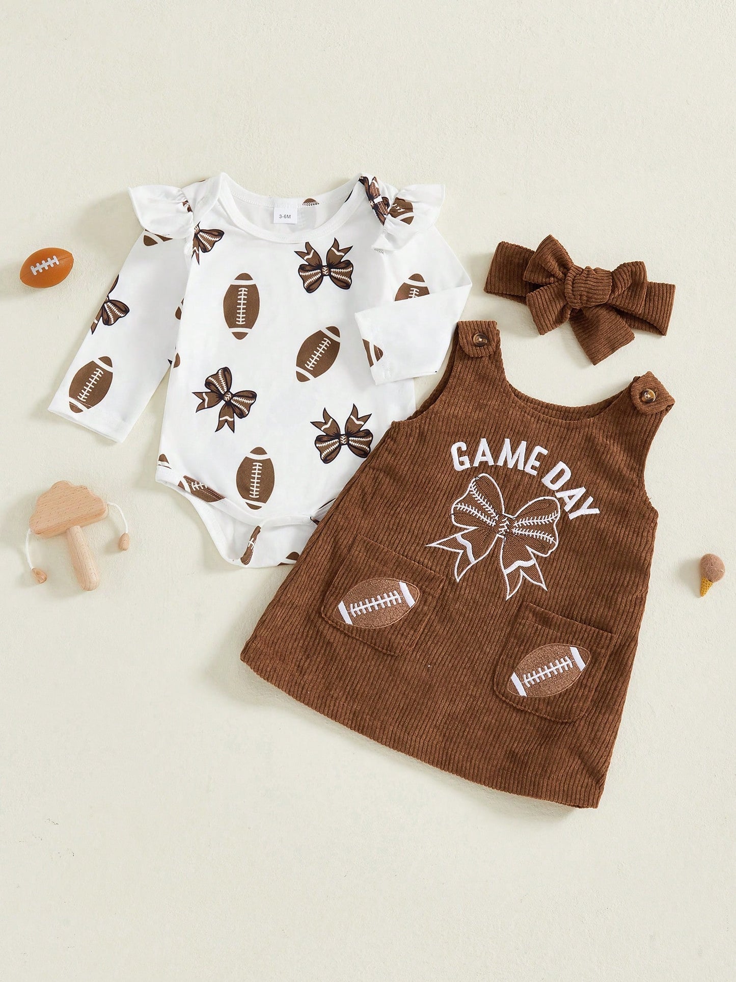 My First Game Day Baby Girl Outfit Football Ruffle Long Sleeve Romper Overall Dress Headband Cute Fall Clothes