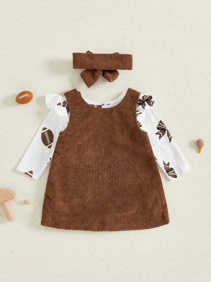 My First Game Day Baby Girl Outfit Football Ruffle Long Sleeve Romper Overall Dress Headband Cute Fall Clothes