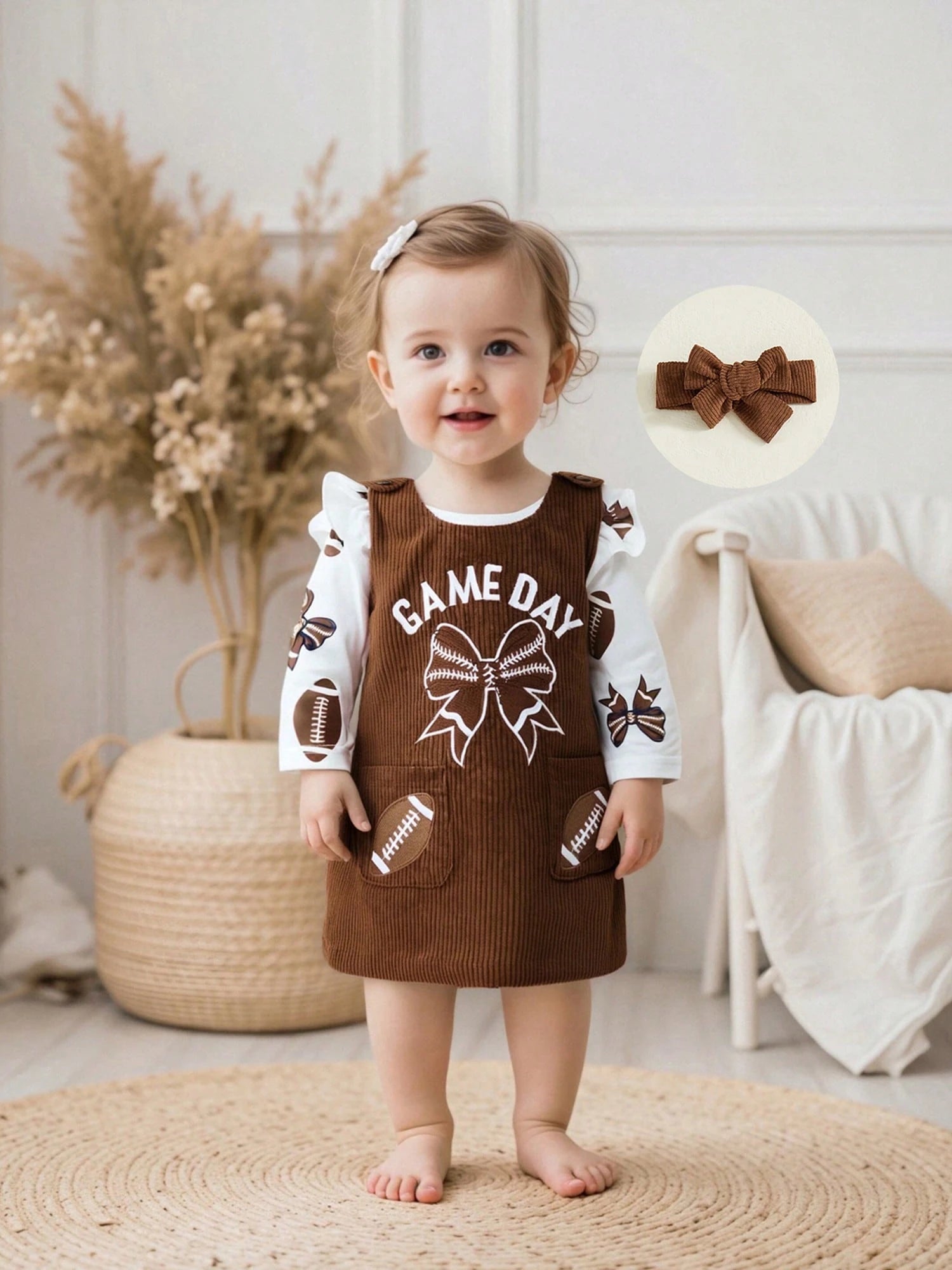 My First Game Day Baby Girl Outfit Football Ruffle Long Sleeve Romper Overall Dress Headband Cute Fall Clothes