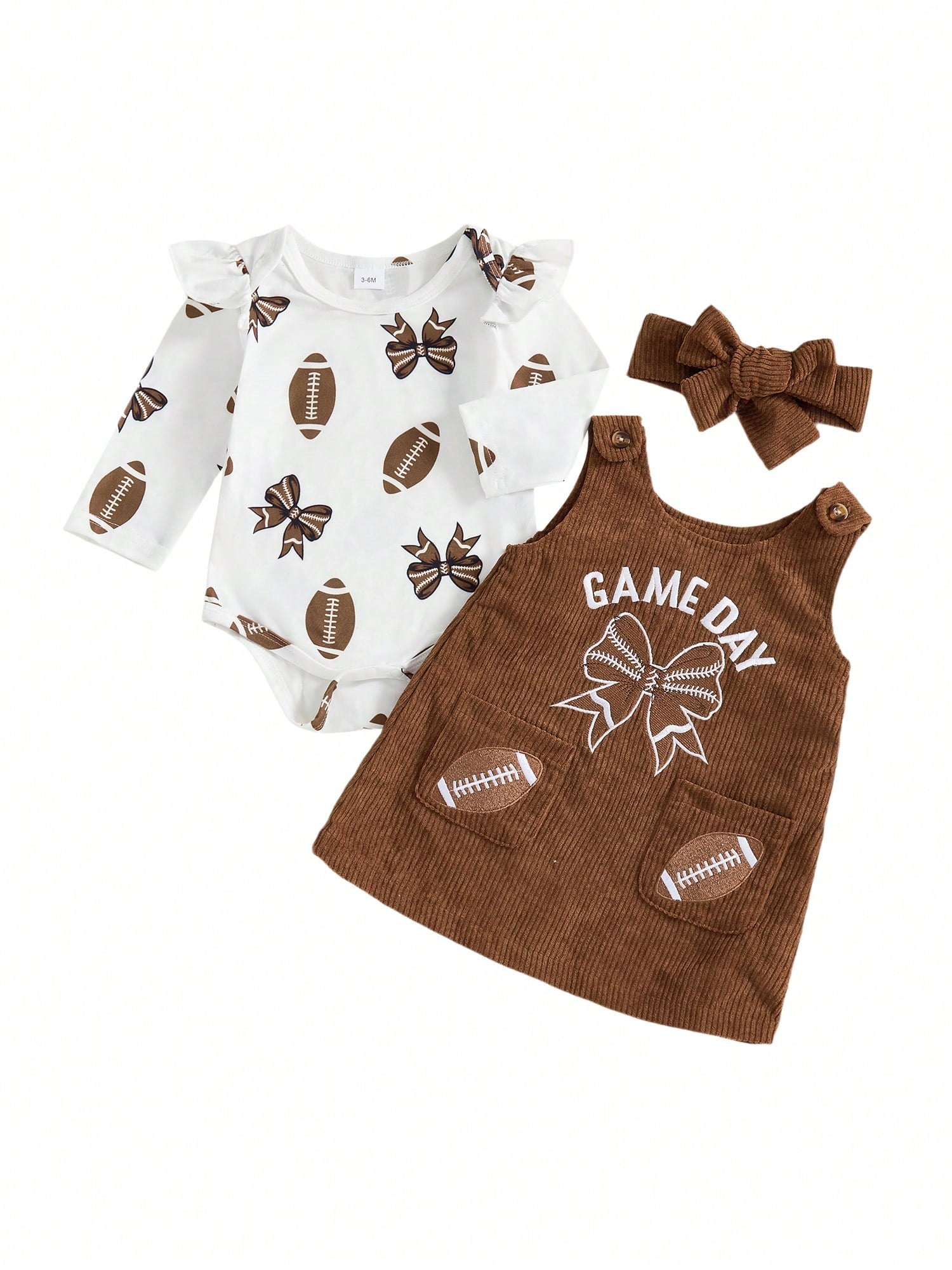 My First Game Day Baby Girl Outfit Football Ruffle Long Sleeve Romper Overall Dress Headband Cute Fall Clothes