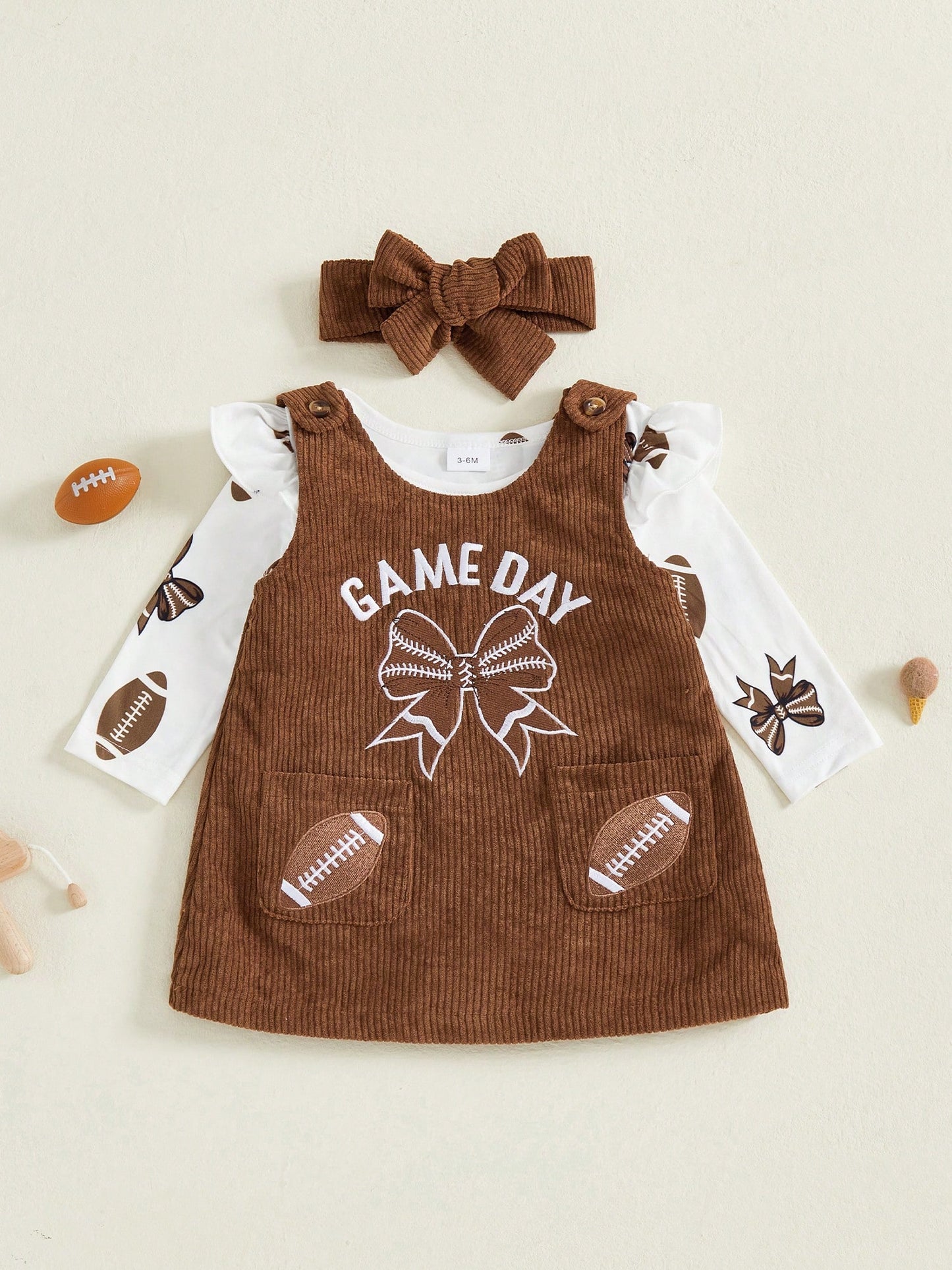 My First Game Day Baby Girl Outfit Football Ruffle Long Sleeve Romper Overall Dress Headband Cute Fall Clothes