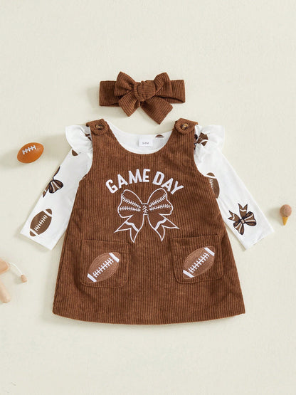 My First Game Day Baby Girl Outfit Football Ruffle Long Sleeve Romper Overall Dress Headband Cute Fall Clothes