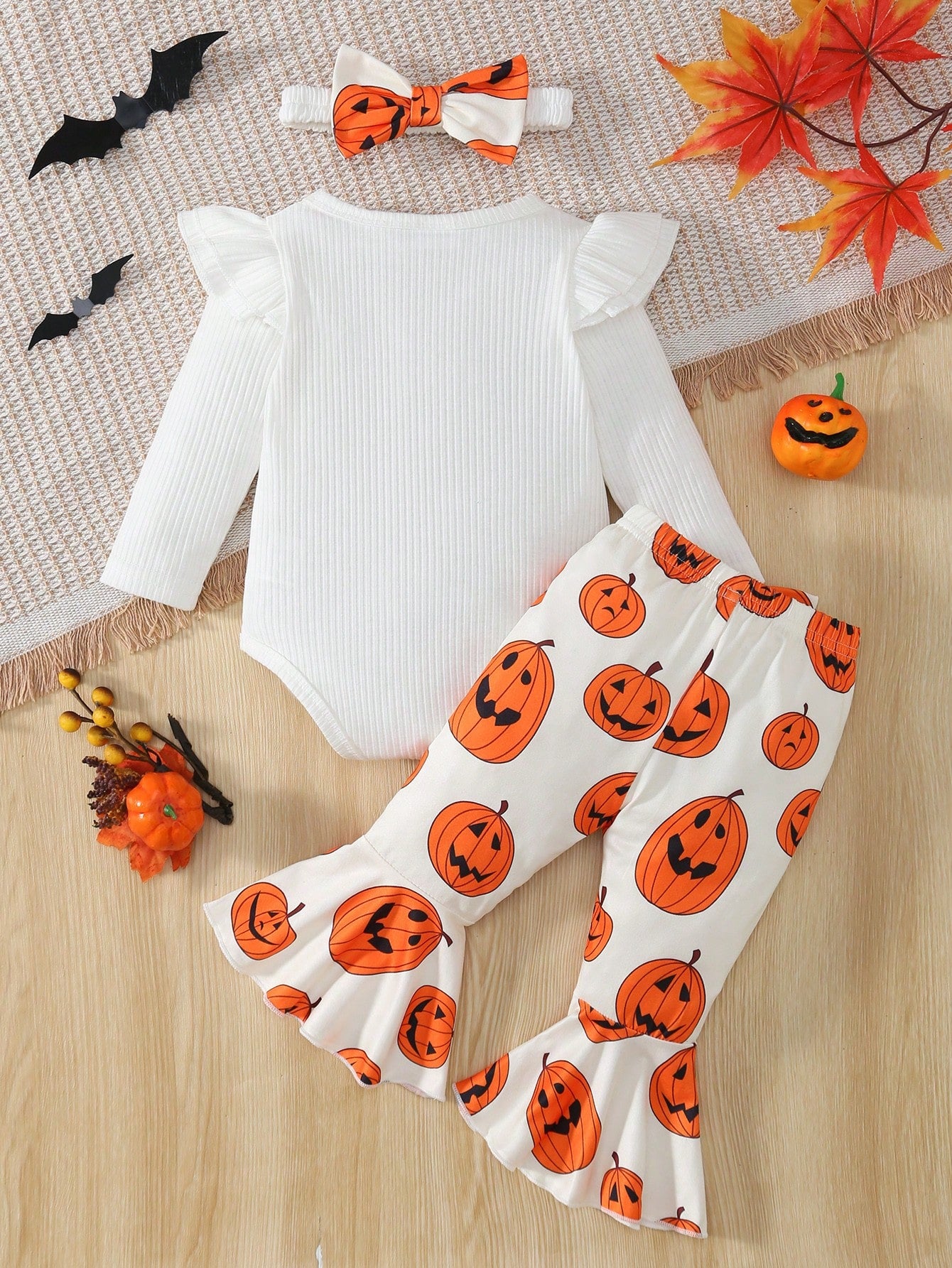 My First Halloween Baby 3Pcs Outfit Ruffle Long Sleeve Ribbed Bodysuit Pumpkin Print Flare Pants Bow Headband Newborn Fall