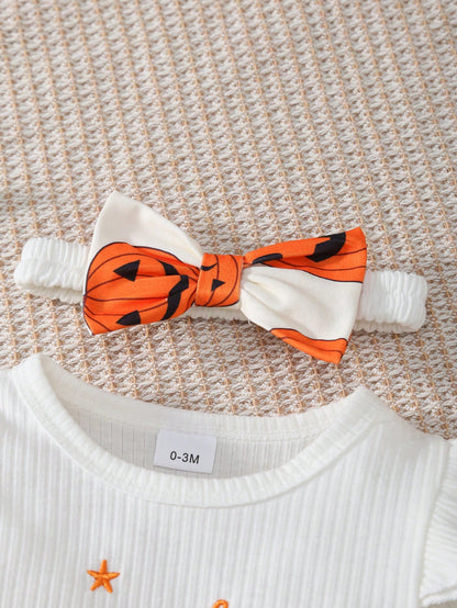 My First Halloween Baby 3Pcs Outfit Ruffle Long Sleeve Ribbed Bodysuit Pumpkin Print Flare Pants Bow Headband Newborn Fall