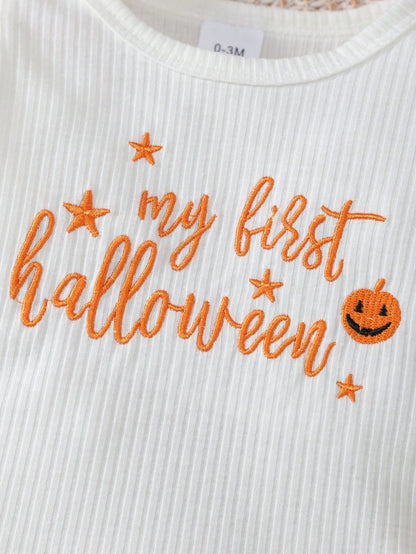My First Halloween Baby 3Pcs Outfit Ruffle Long Sleeve Ribbed Bodysuit Pumpkin Print Flare Pants Bow Headband Newborn Fall