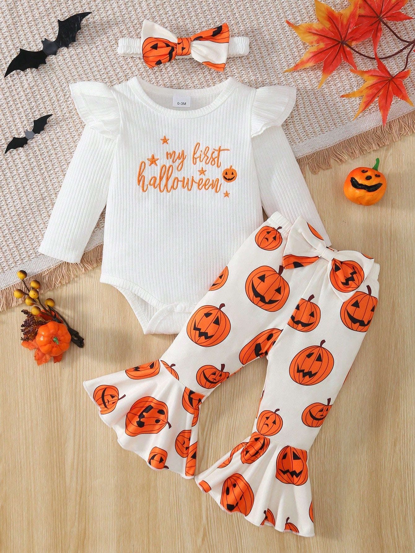 My First Halloween Baby 3Pcs Outfit Ruffle Long Sleeve Ribbed Bodysuit Pumpkin Print Flare Pants Bow Headband Newborn Fall
