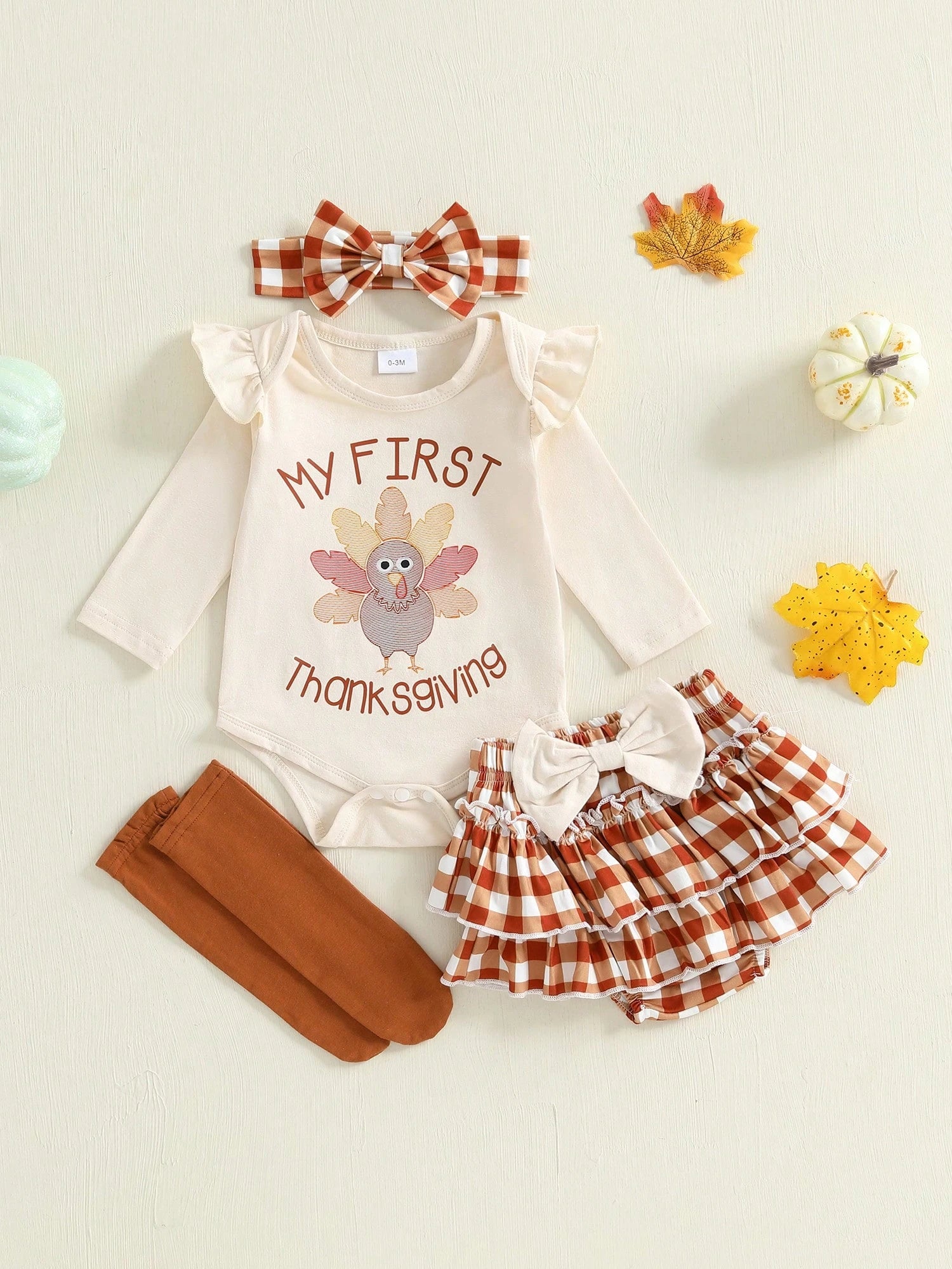 My First Thanksgiving Baby Girl Outfit Newborn Infant Ruffle Long Sleeve Romper Tutu Skirt Socks Headband 4Pcs Set