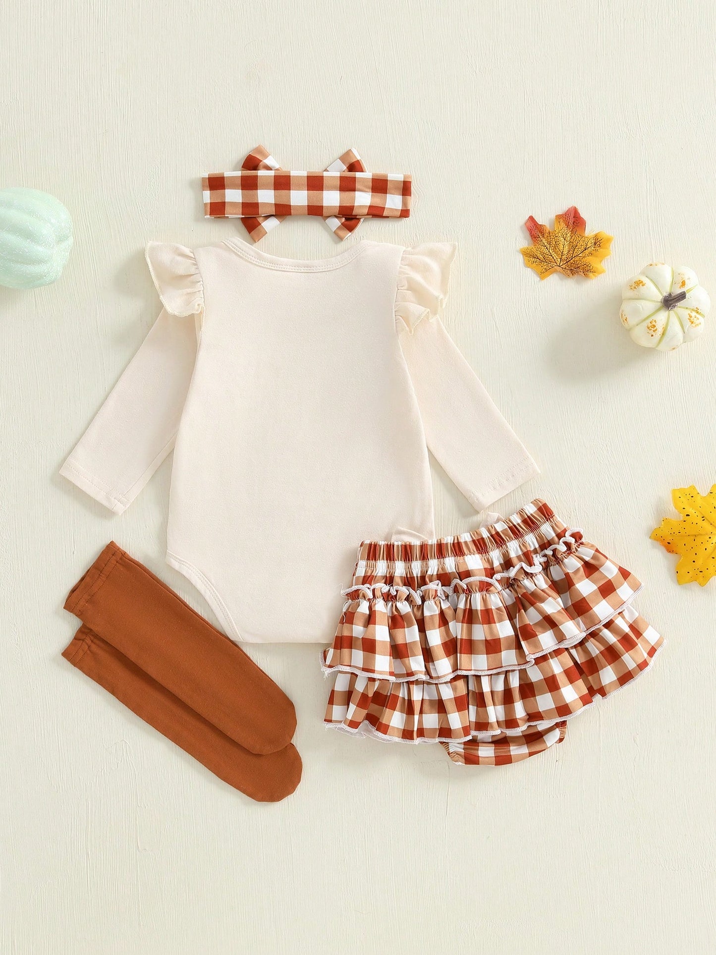 My First Thanksgiving Baby Girl Outfit Newborn Infant Ruffle Long Sleeve Romper Tutu Skirt Socks Headband 4Pcs Set