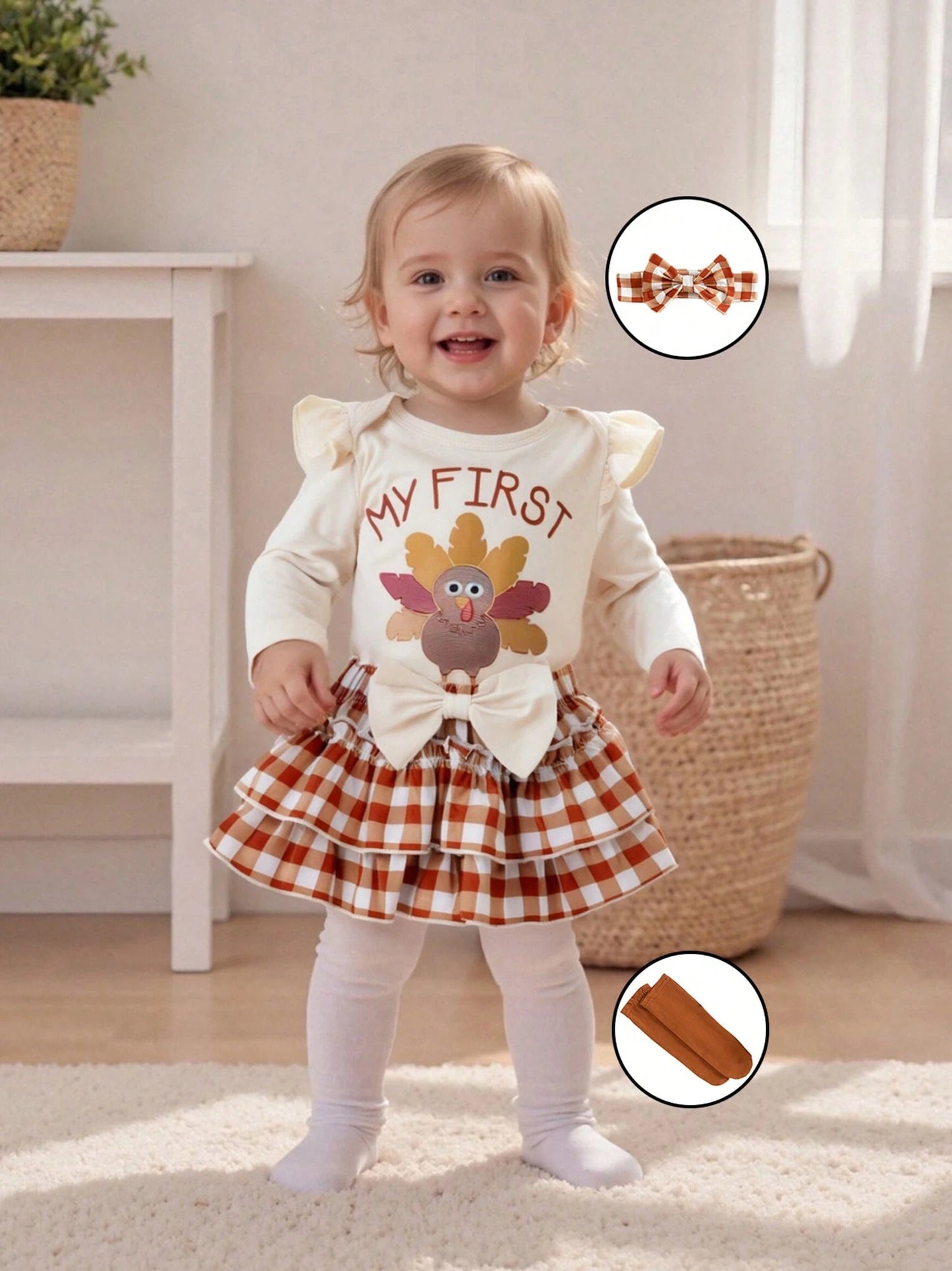 My First Thanksgiving Baby Girl Outfit Newborn Infant Ruffle Long Sleeve Romper Tutu Skirt Socks Headband 4Pcs Set
