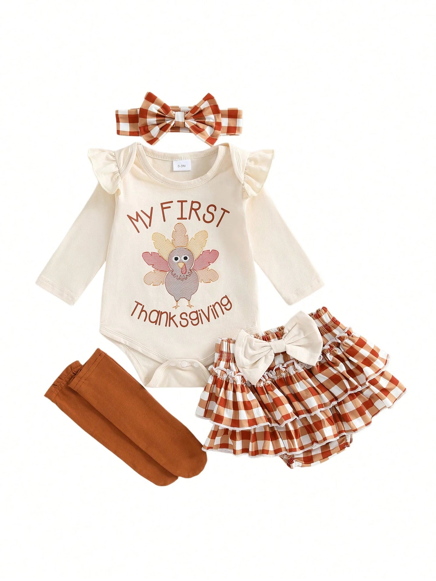 My First Thanksgiving Baby Girl Outfit Newborn Infant Ruffle Long Sleeve Romper Tutu Skirt Socks Headband 4Pcs Set