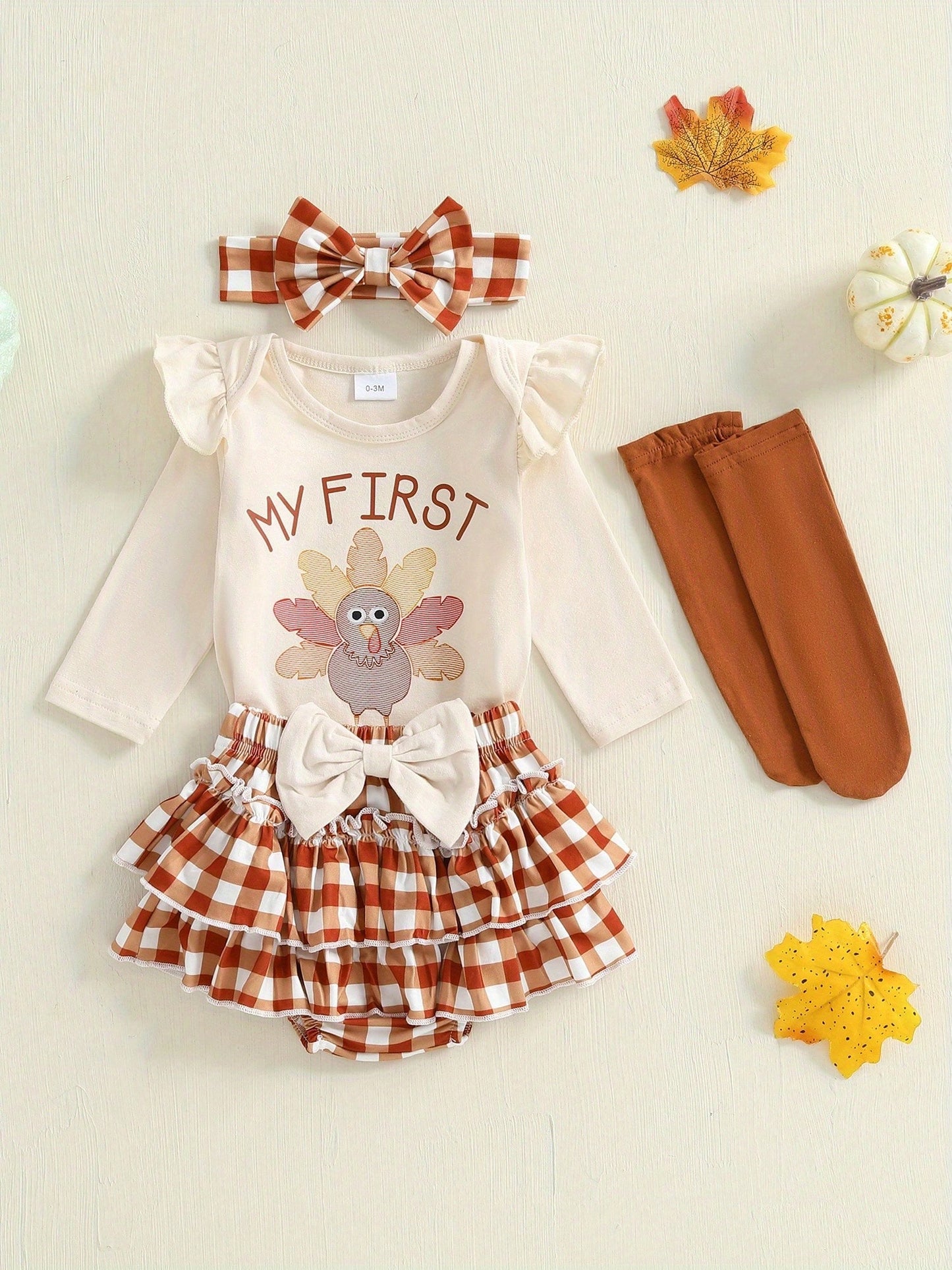 My First Thanksgiving Baby Girl Outfit Newborn Infant Ruffle Long Sleeve Romper Tutu Skirt Socks Headband 4Pcs Set