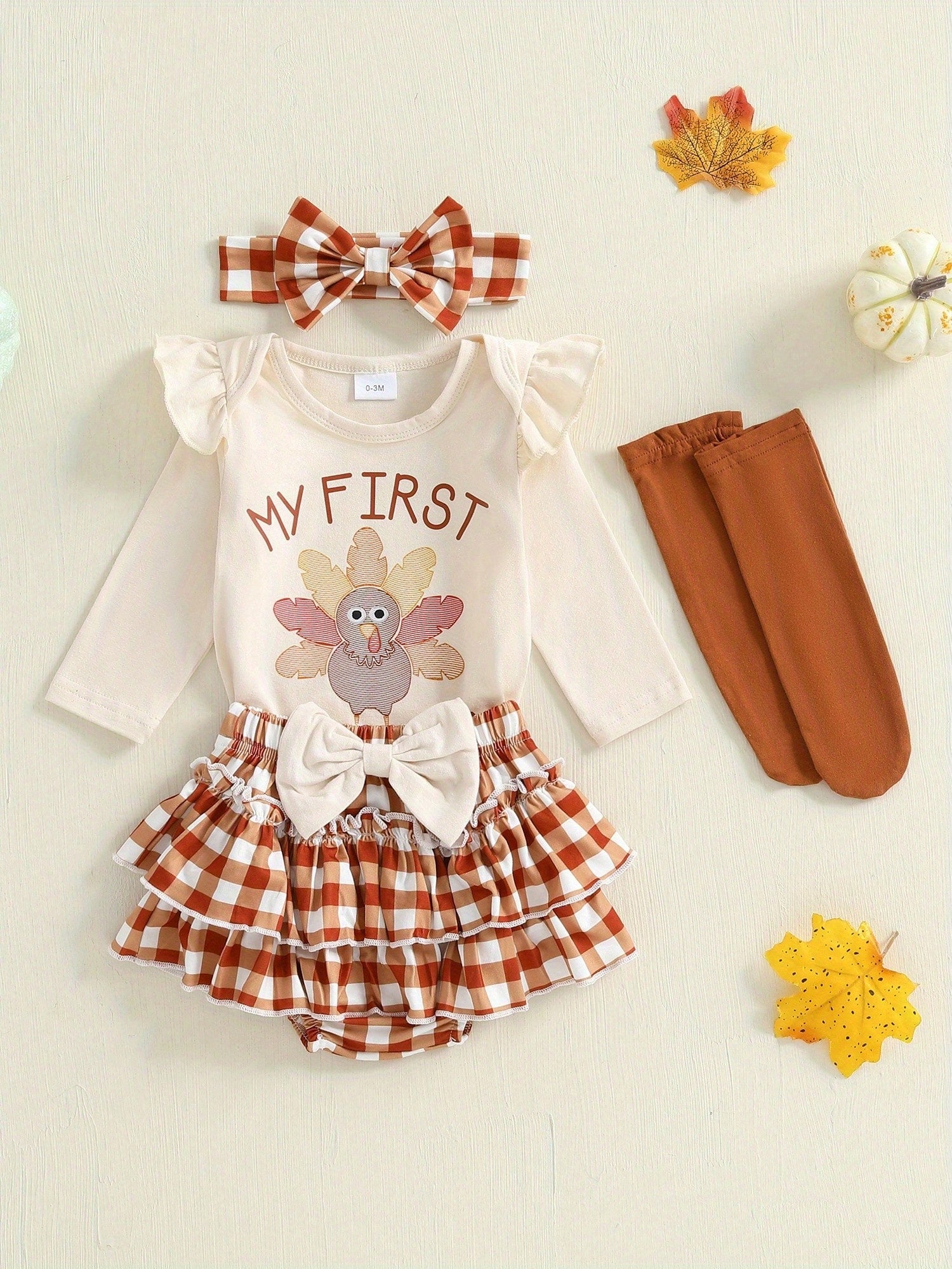 My First Thanksgiving Baby Girl Outfit Newborn Infant Ruffle Long Sleeve Romper Tutu Skirt Socks Headband 4Pcs Set
