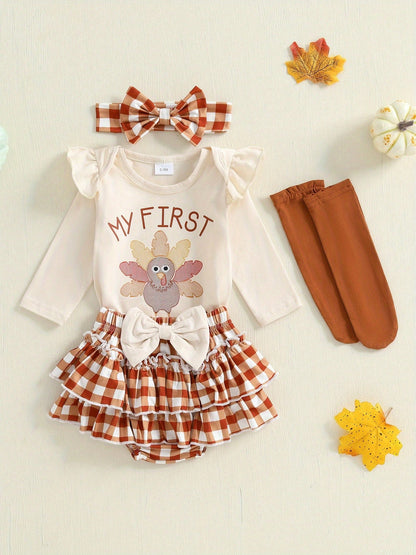My First Thanksgiving Baby Girl Outfit Newborn Infant Ruffle Long Sleeve Romper Tutu Skirt Socks Headband 4Pcs Set
