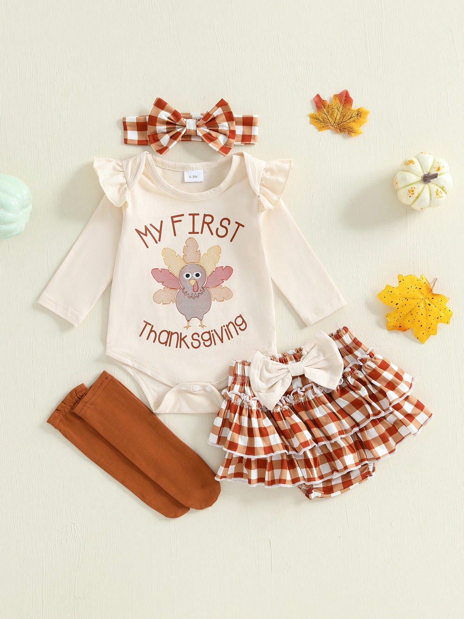 My First Thanksgiving Baby Girl Outfit Newborn Infant Ruffle Long Sleeve Romper Tutu Skirt Socks Headband 4Pcs Set