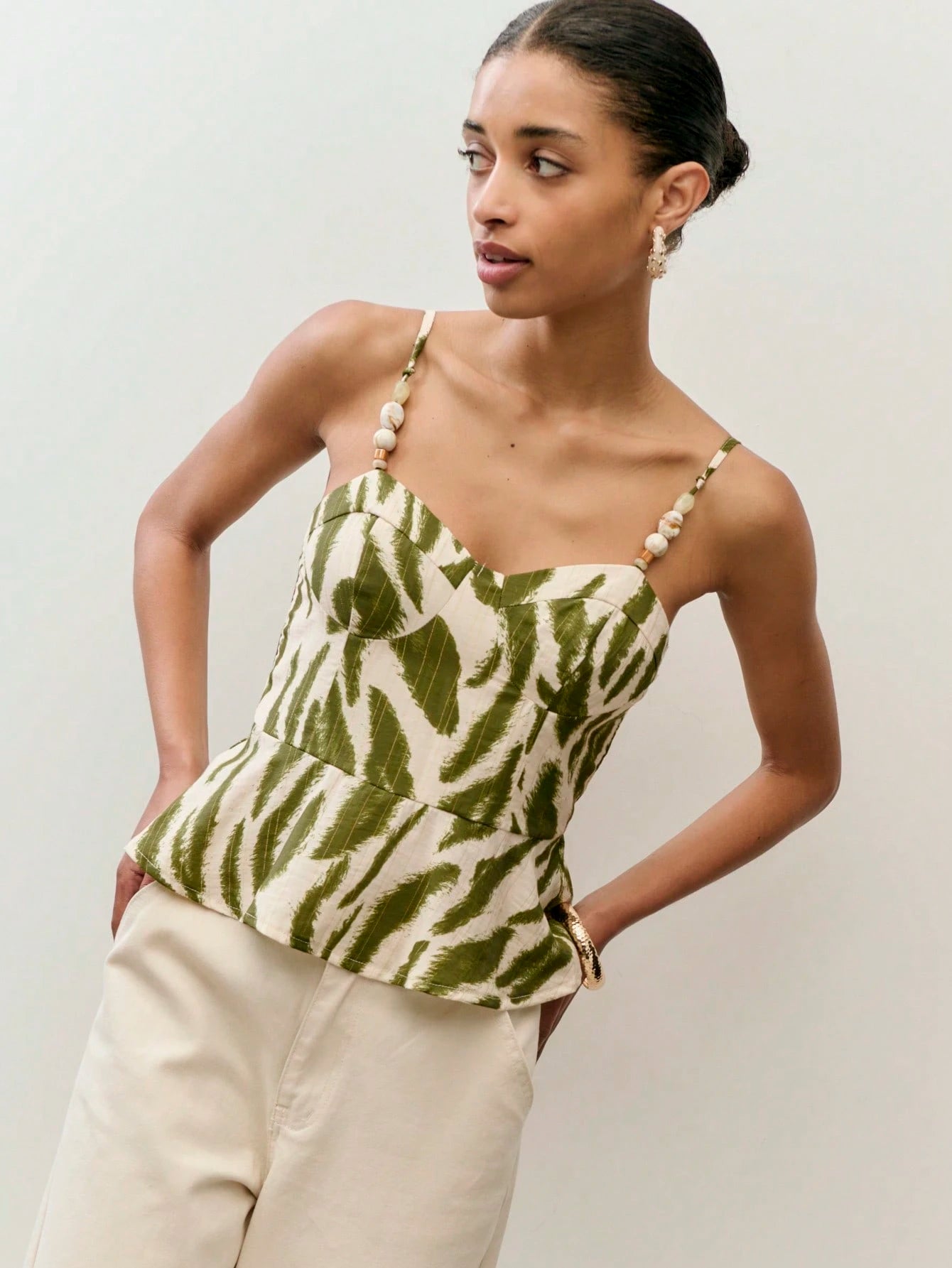 Nöista Green Leaf Print Peplum Top With Adjustable Straps. Summer, Fall, Resort, Holiday, Casual Style.