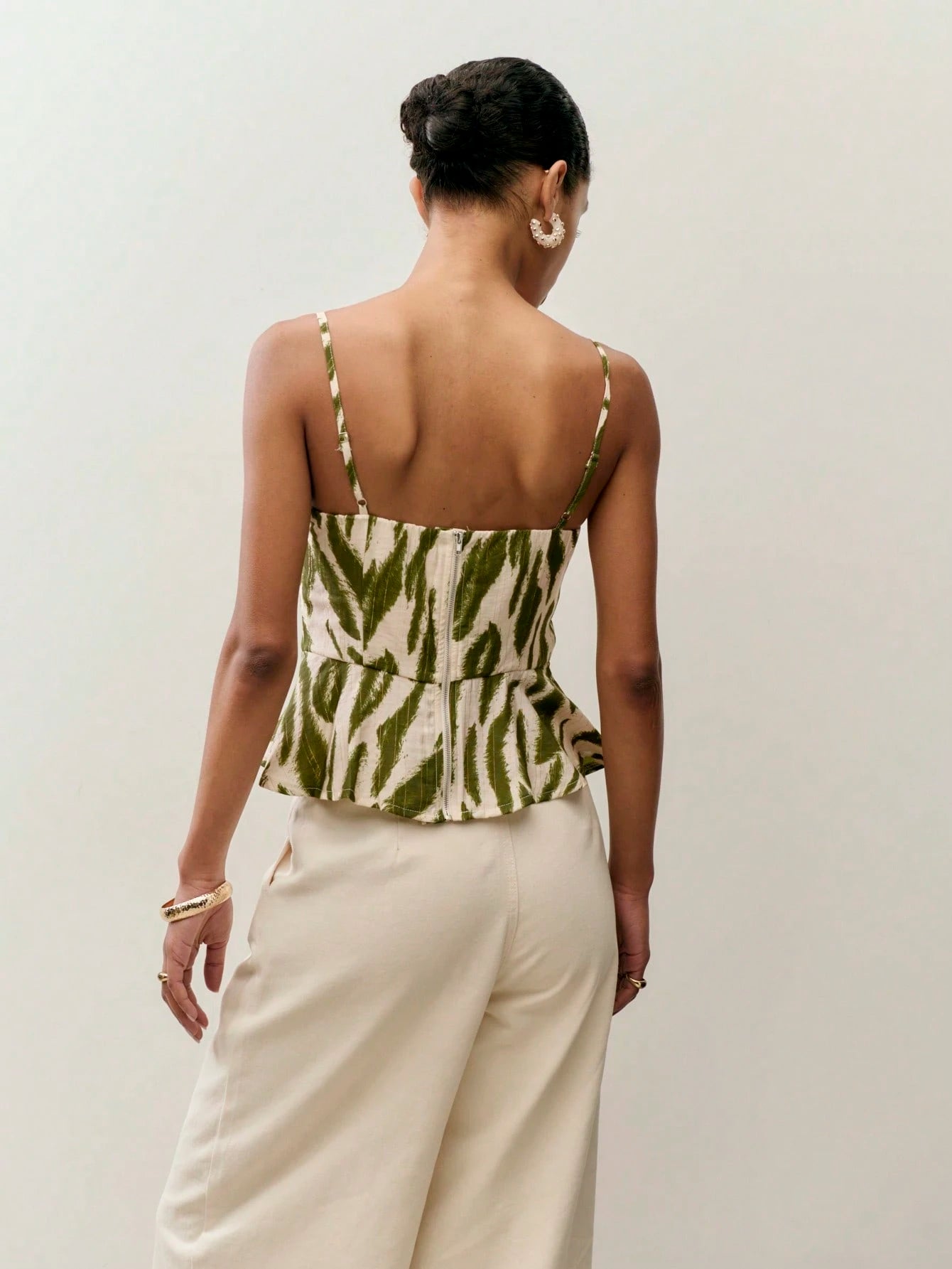 Nöista Green Leaf Print Peplum Top With Adjustable Straps. Summer, Fall, Resort, Holiday, Casual Style.