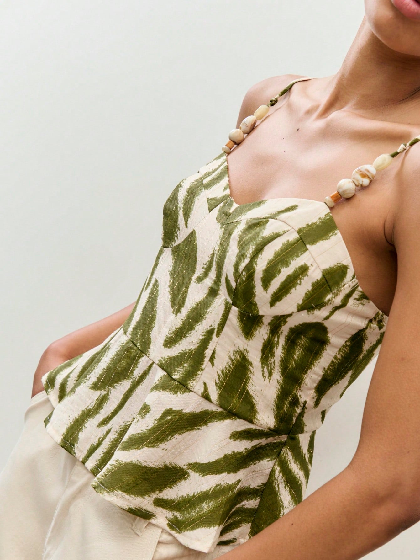 Nöista Green Leaf Print Peplum Top With Adjustable Straps. Summer, Fall, Resort, Holiday, Casual Style.