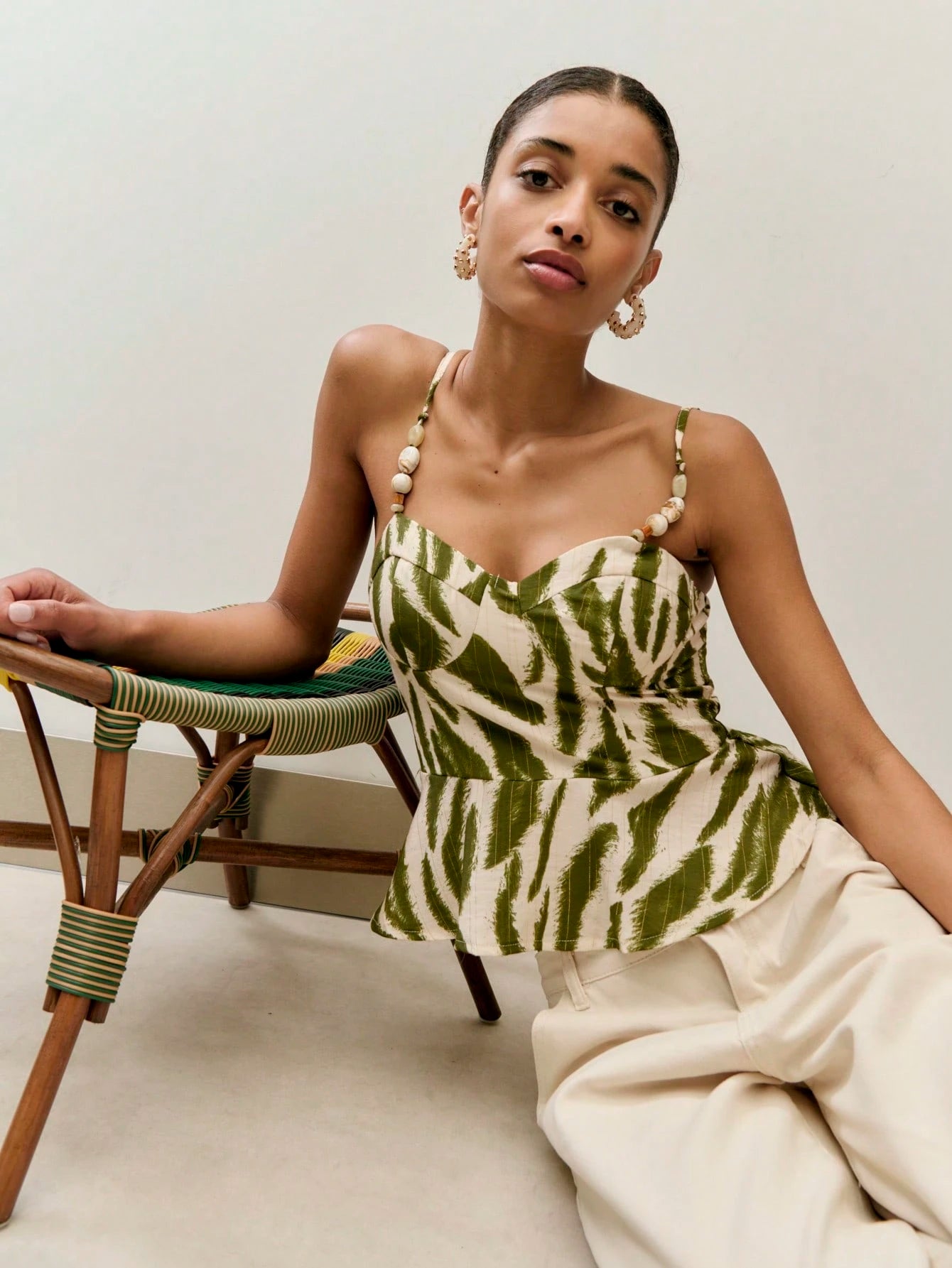 Nöista Green Leaf Print Peplum Top With Adjustable Straps. Summer, Fall, Resort, Holiday, Casual Style.