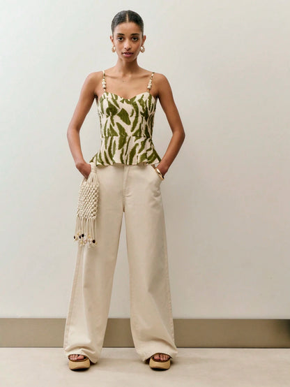 Nöista Green Leaf Print Peplum Top With Adjustable Straps. Summer, Fall, Resort, Holiday, Casual Style.