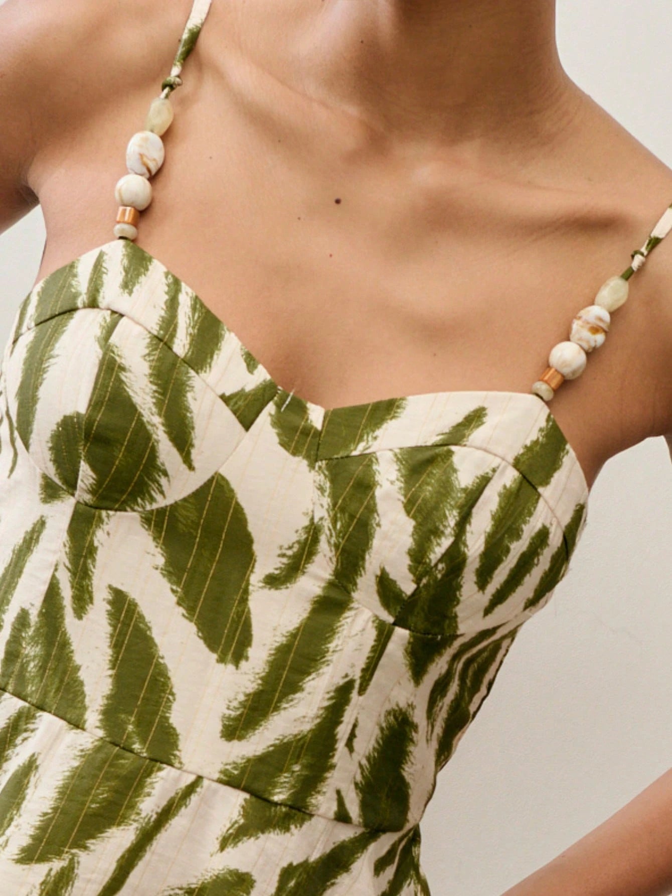 Nöista Green Leaf Print Peplum Top With Adjustable Straps. Summer, Fall, Resort, Holiday, Casual Style.