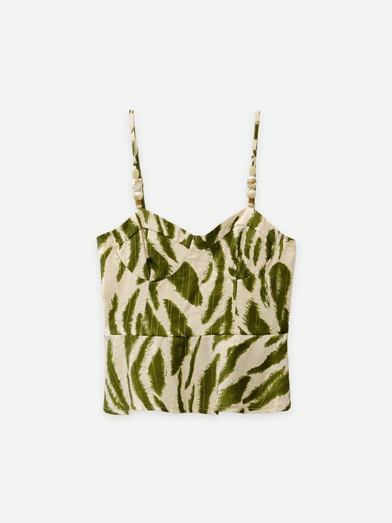 Nöista Green Leaf Print Peplum Top With Adjustable Straps. Summer, Fall, Resort, Holiday, Casual Style.