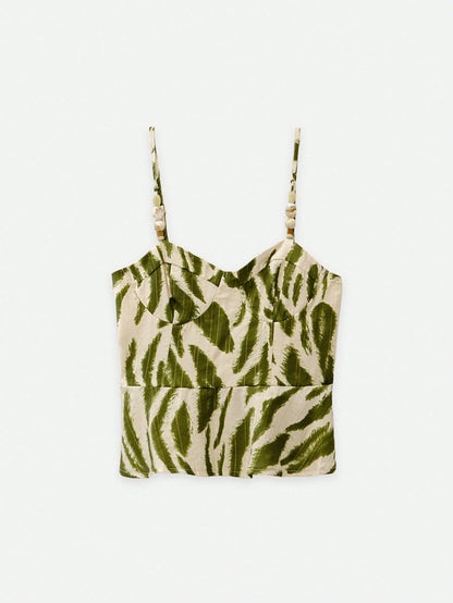 Nöista Green Leaf Print Peplum Top With Adjustable Straps. Summer, Fall, Resort, Holiday, Casual Style.